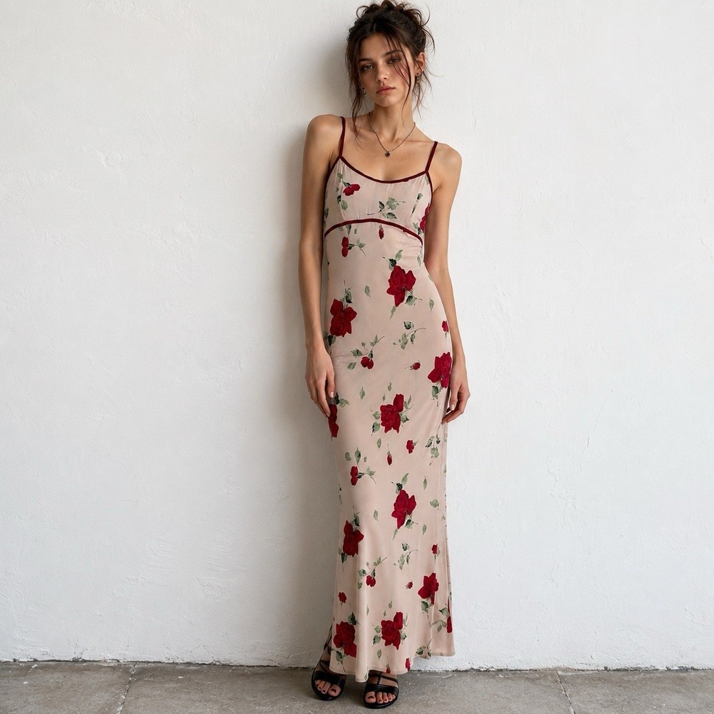 Vintage 90s Rayon Bias Cut Slip Dress Rose Floral Maxi Coquette Romantic Sz 1 XS